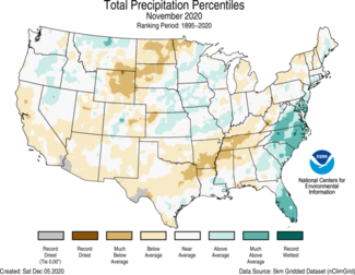 November 2020 US Total Precipitation Percentiles Map