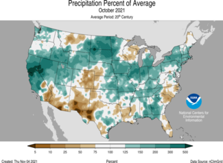 Map of U.S. precipitation percent of average for October 2021