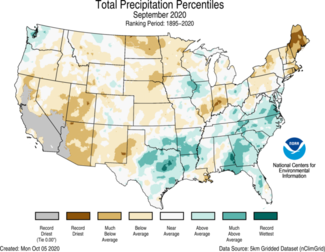 September 2020 US Total Precipitation Percentiles Map