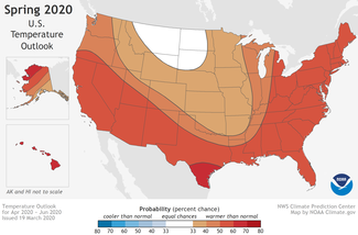 Map of temperature outlook for Spring 2020 by Climate.gov