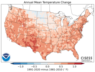 Map of average U.S. temperature change based on U.S. Climate Normals 1991-2020