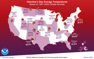 U.S. Map of Valentine's Day Average Temperatures based on 1991-2020 Climate Normals