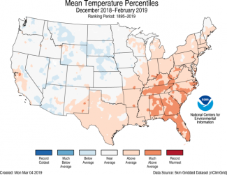 Map of U.S. average temperature percentiles for winter 2018-19