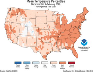 Map of U.S. average temperature percentiles for Dec 2019 to Feb 2020