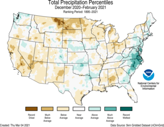 December-February 2021 US Total Precipitation Percentiles Map