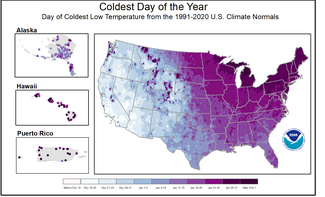 Map showing day of coldest low temperature on average in contiguous U.S., Alaska, Hawaii, and Puerto Rico based on the Climate Normals 1991-2020