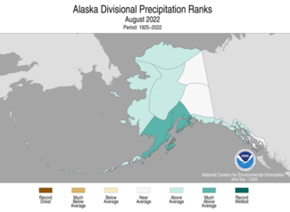 Map of Alaska showing precipitation percentiles for August 2022 with wetter areas in gradients of green and drier areas in gradients of brown.