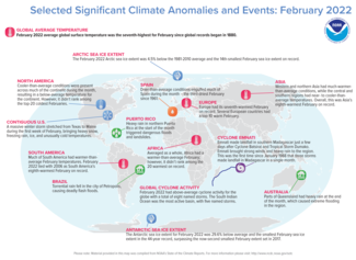 Map of global selected significant climate anomalies and events for February 2022