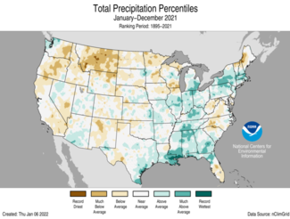 Map of total U.S. precipitation percentiles for 2021 (Jan-Dec)
