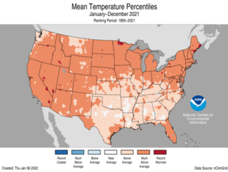 Map of average U.S. temperature percentiles for 2021 (Jan-Dec)