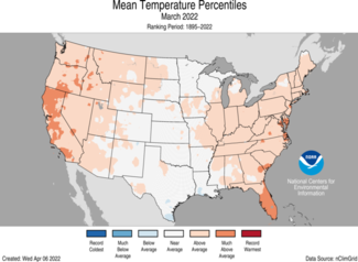 Map of March 2022 U.S. average temperature percentiles