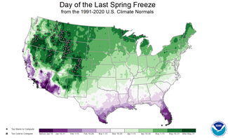 Color-coded U.S. map showing the most likely range of when to expect that last spring freeze.