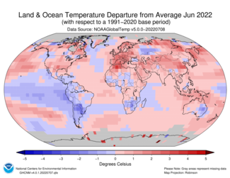 Global map showing land and ocean temperature departure from average for June 2022 with warmer areas colored in gradients of red and cooler areas in gradients of blue.