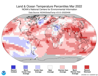 Map of global temperature percentiles for March 2022