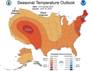 Map of Summer 2022 U.S. temperature outlook showing likely chances of a warmer than normal summer for the entire country.
