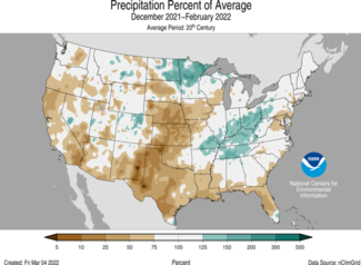 December 2021 - February 2022 Precipitation Departure from Average U.S. Map