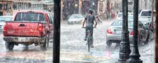 Photo of rainy street with cars and bicyclist