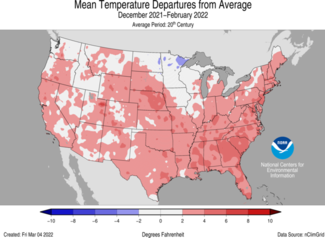 December 2021 - February 2022 Temperature Departure from Average U.S. Map