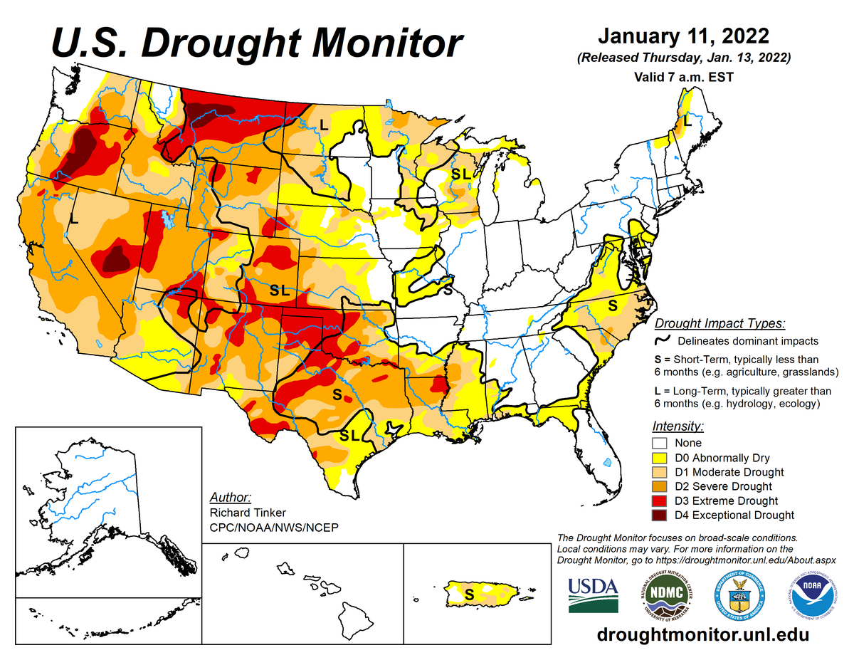 U.S. Drought Monitor map from January 11, 2022