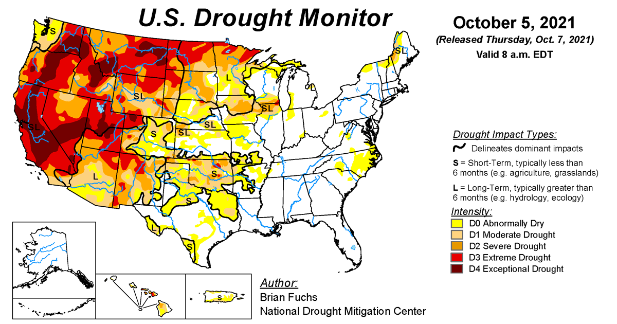 Map of U.S. drought conditions for week ending October 5, 2021