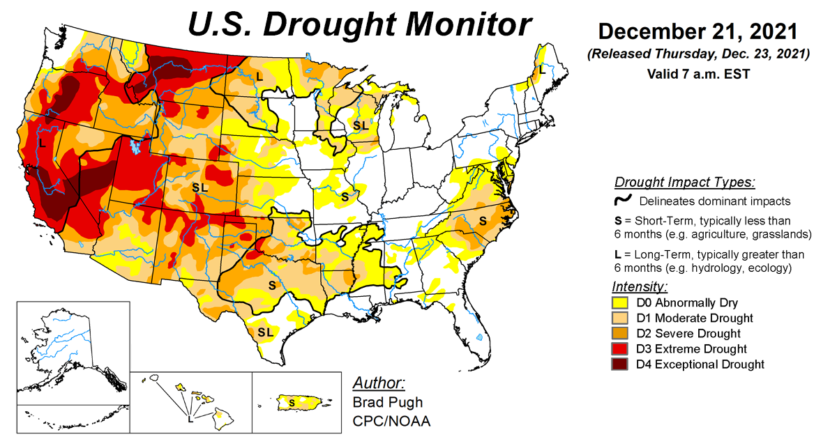 Map of drought conditions for the United States for the week ending December 21st, 2021.