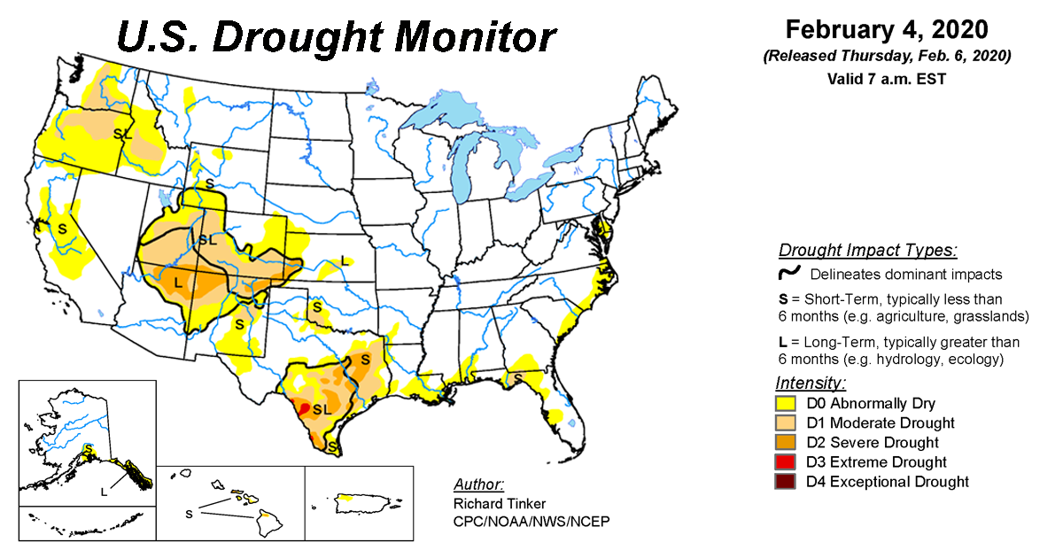 Map of U.S. drought conditions for February 4, 2020