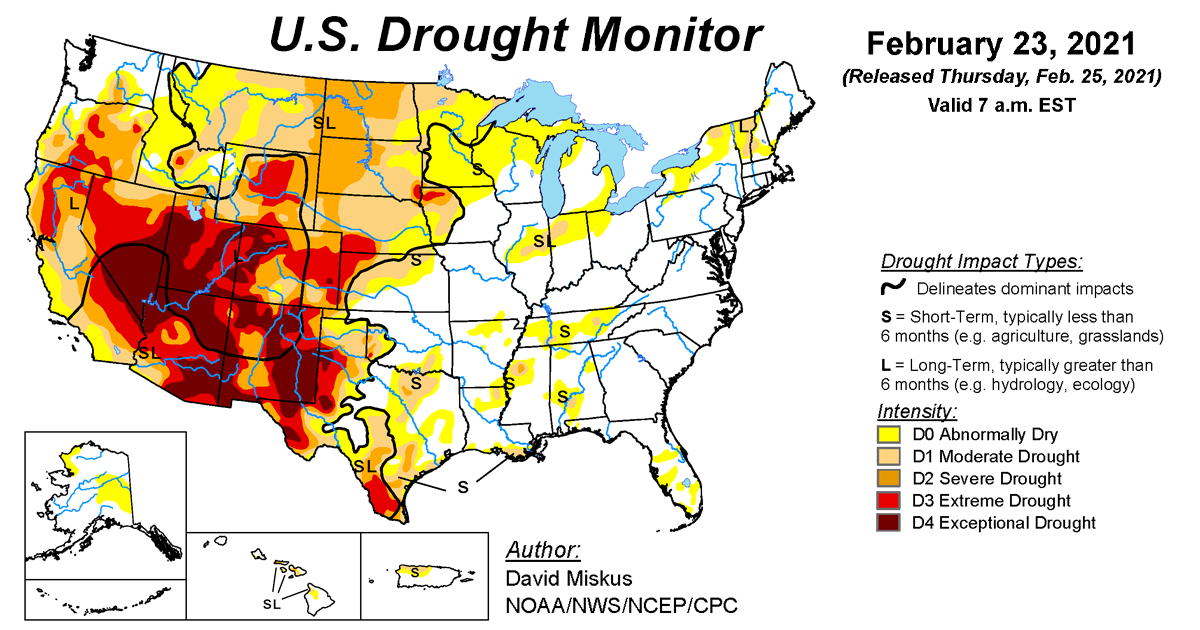 Map of U.S. drought conditions for February 23, 2021