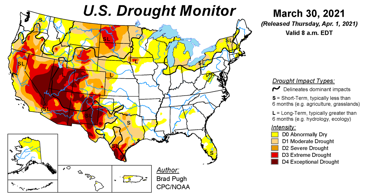 Map of U.S. drought conditions for March 30, 2021