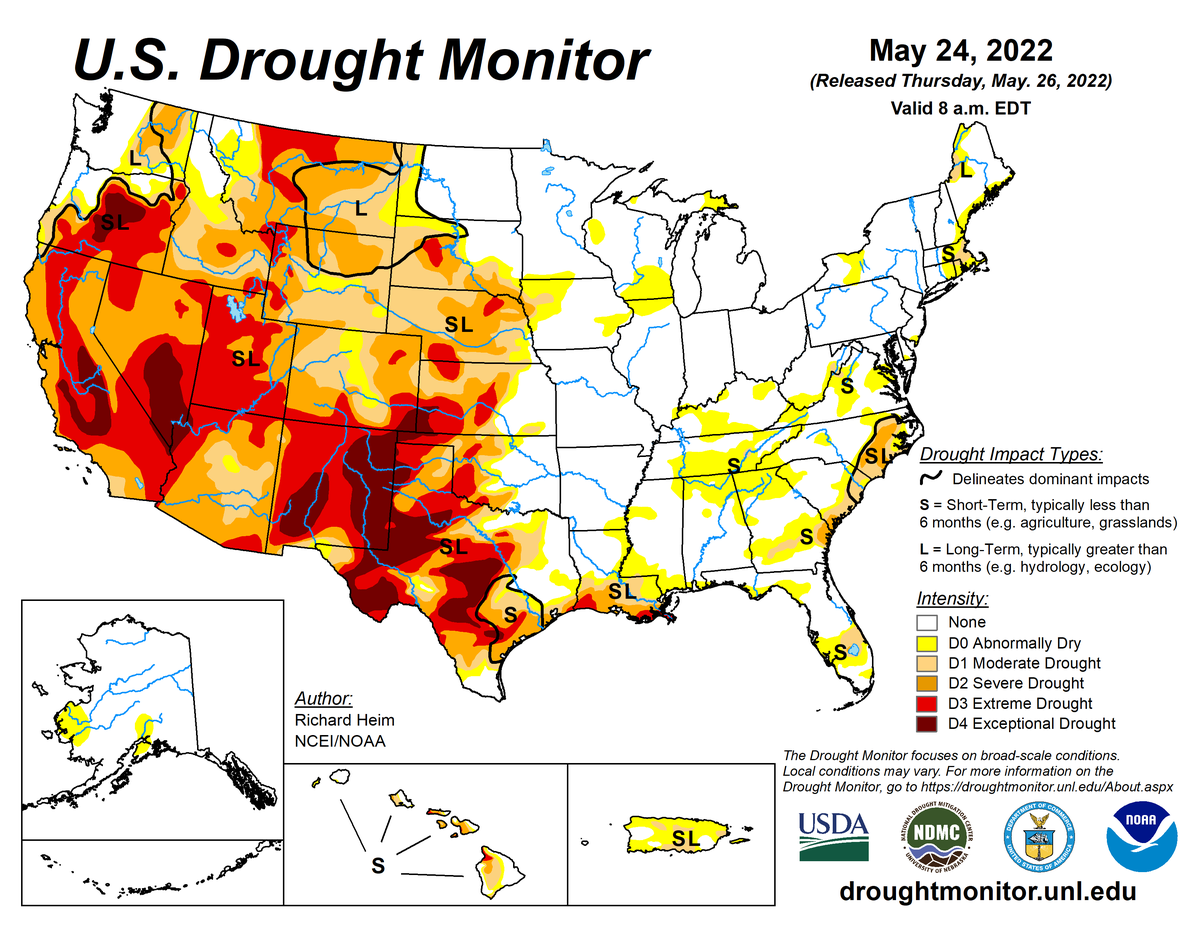 Map of U.S. drought conditions for week ending May 24, 2022