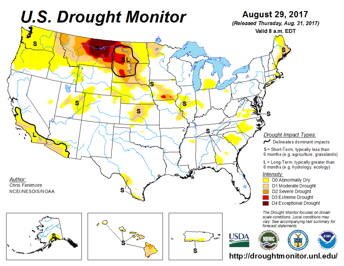 Map of U.S. drought conditions for August 29, 2017