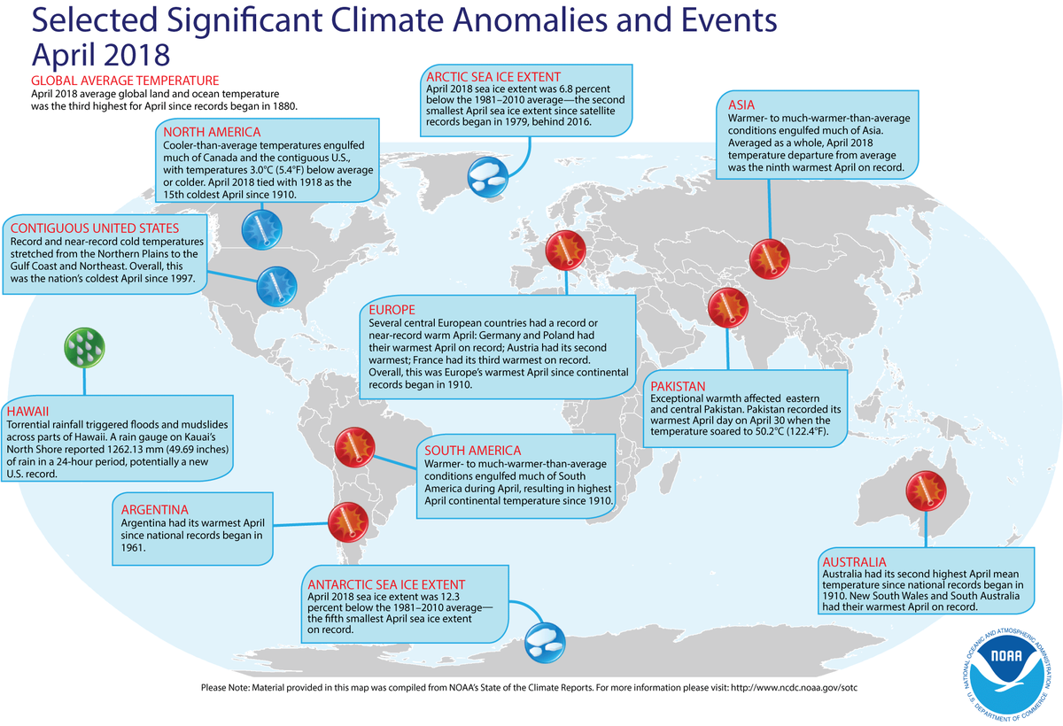 Map of global selected significant climate anomalies and events for April 2018