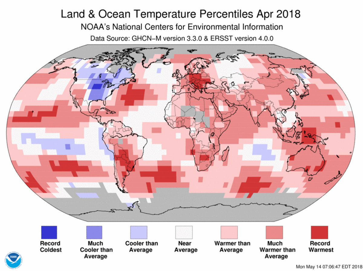 Map of global temperature percentiles for April 2018