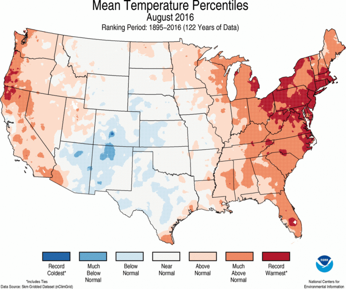 Map of August 2016 U.S. Gridded Temperature Ranks