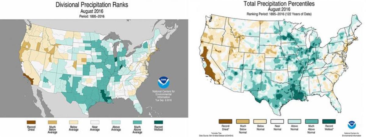 Maps of August 2016 U.S. Divisional and Gridded Precipitation Ranks