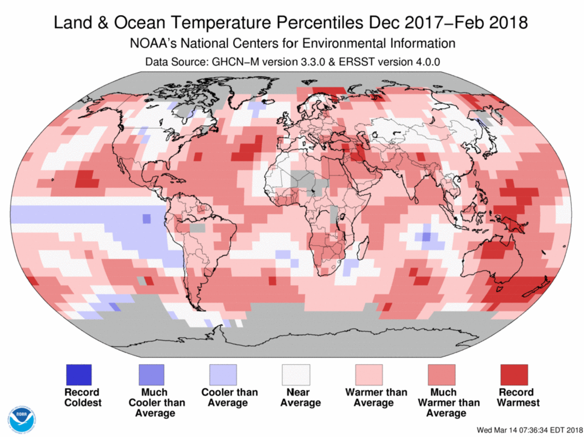 Map of global temperature percentiles for December 2017 to February 2018