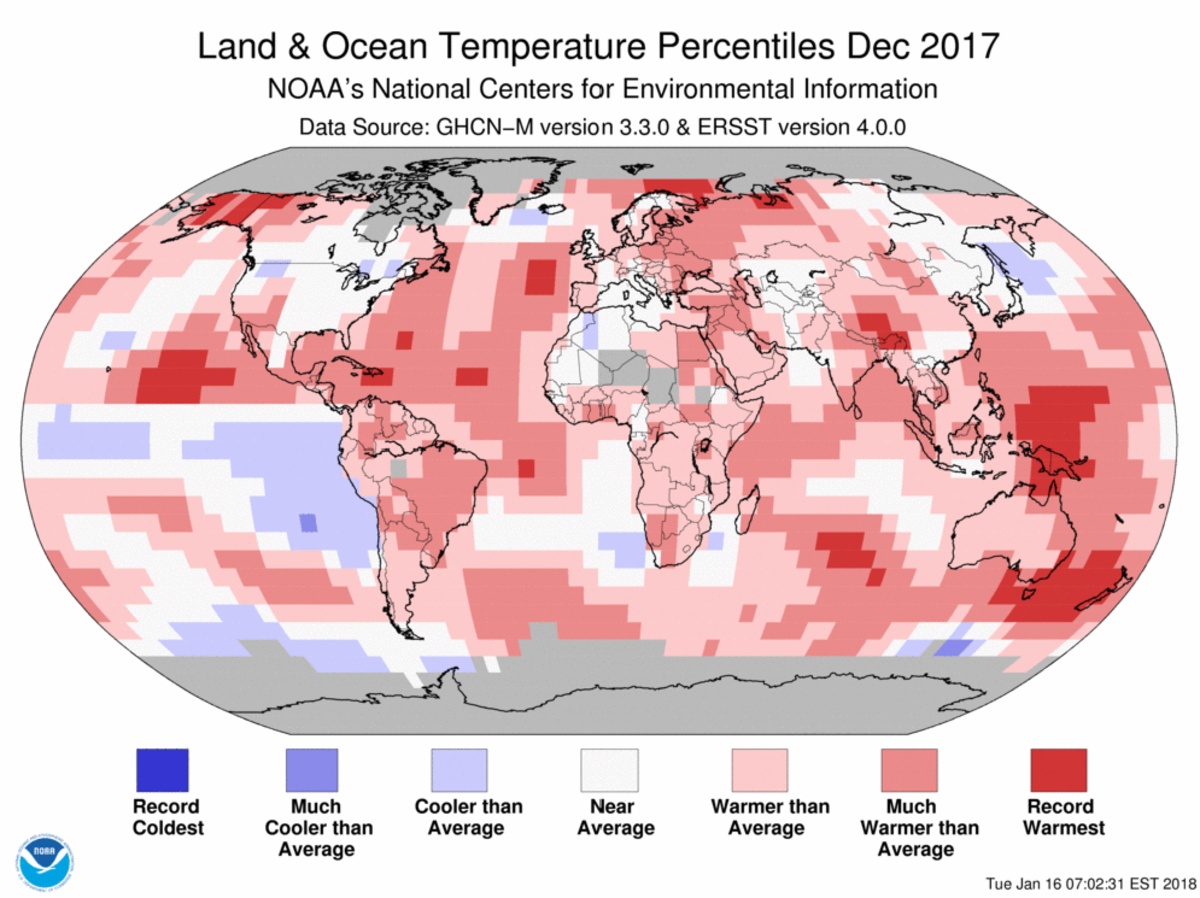 Map of global temperature percentiles for December 2017