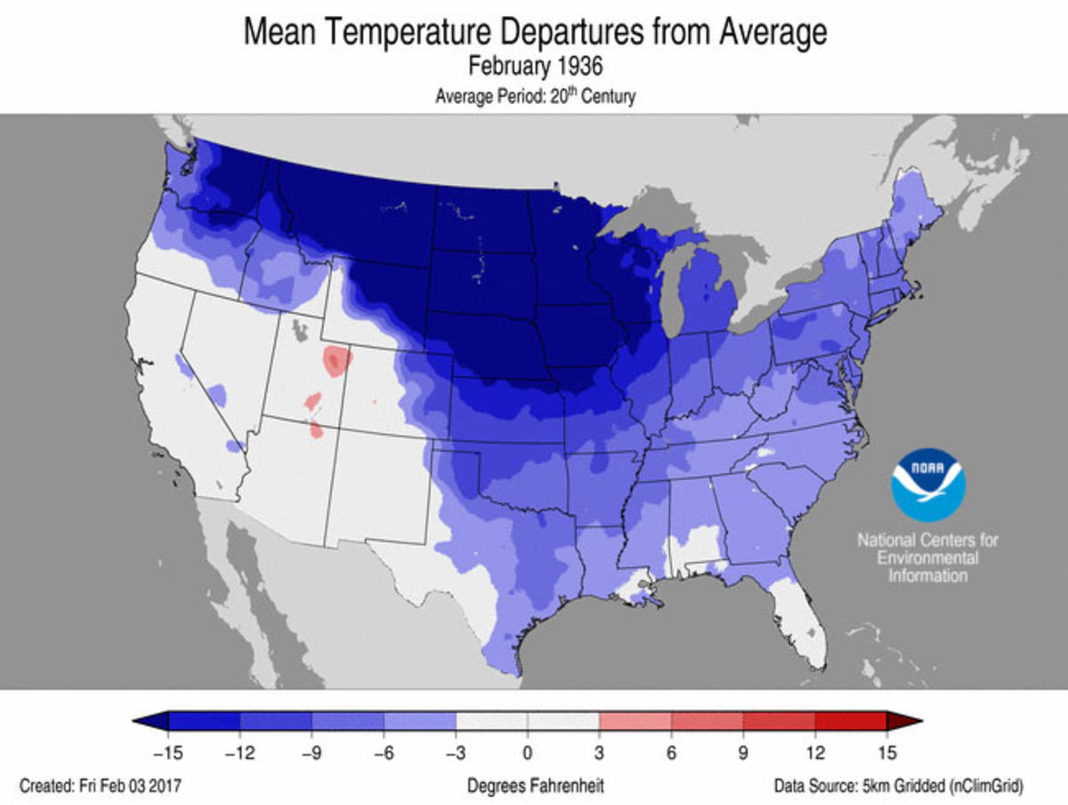 Map of February 1936 mean temperature departures from average in the United States