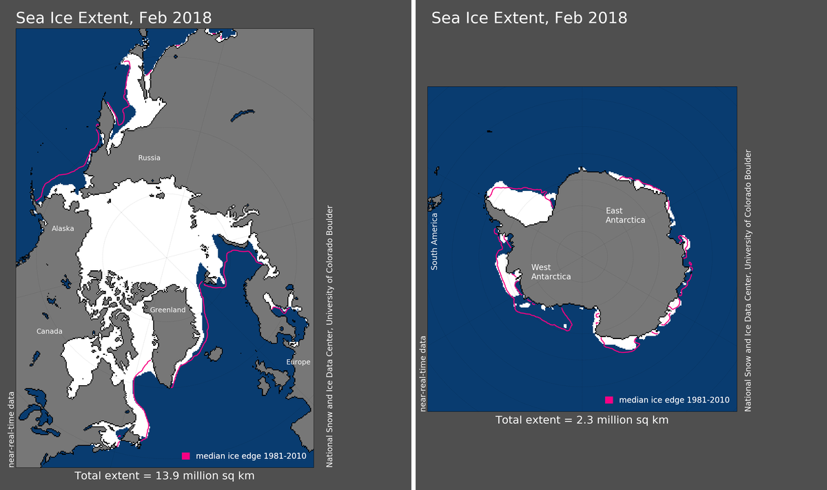 Maps of Arctic and Antarctic sea ice extent in February 2018