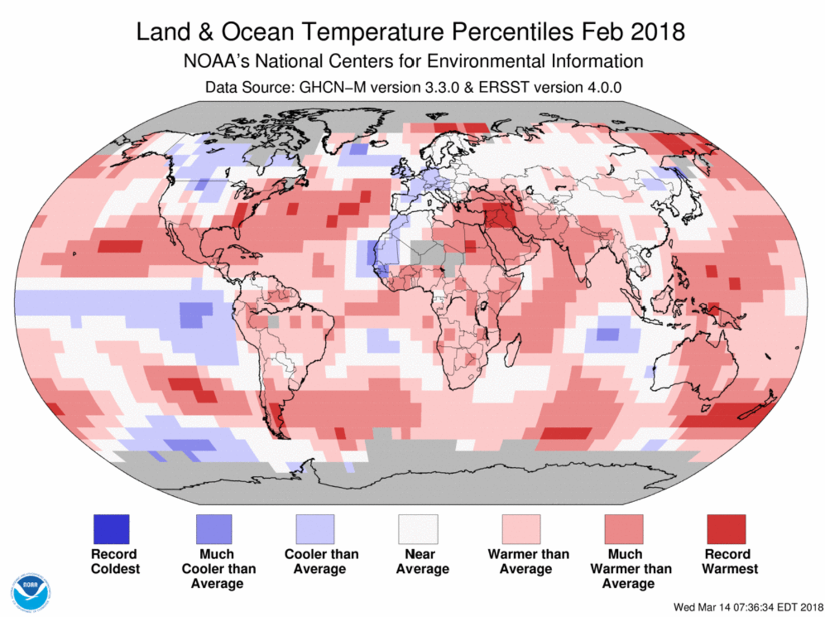 Map of global temperature percentiles for February 2018