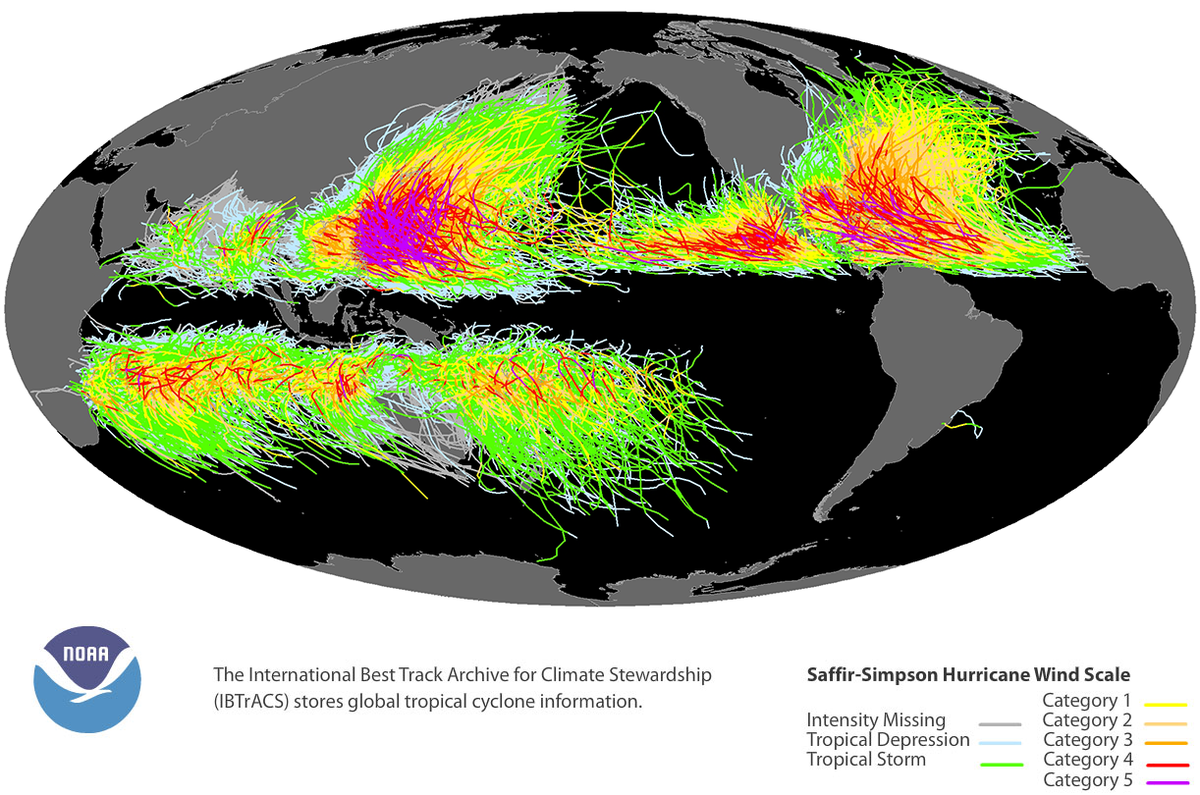 Map of tropical cyclone tracks from he International Best Track Archive for Climate Stewardship