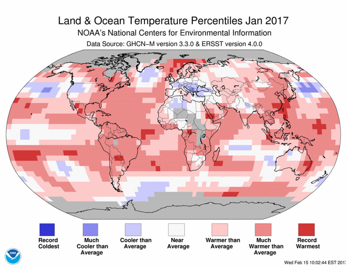 Map of global temperature percentiles for January 2017