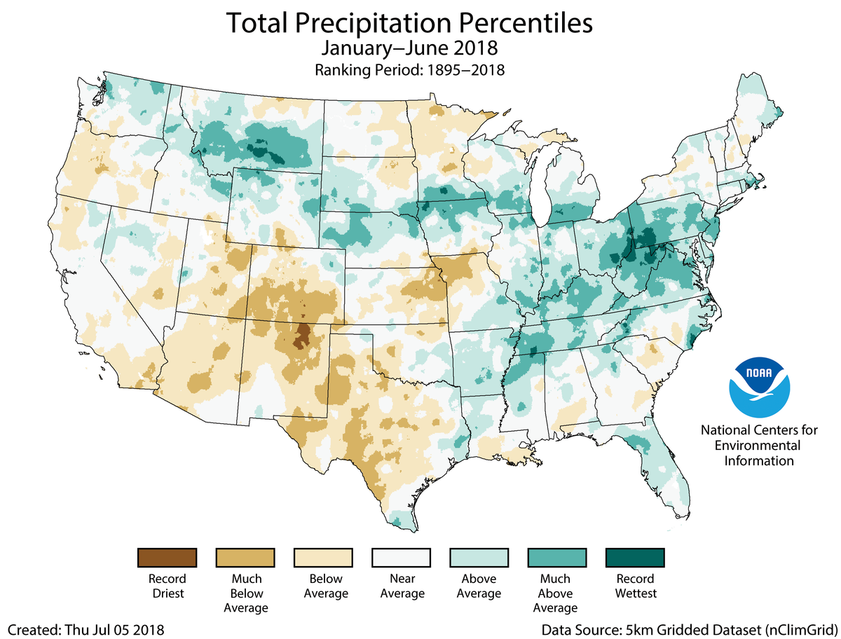 Map of January to June 2018 U.S. total precipitation percentiles