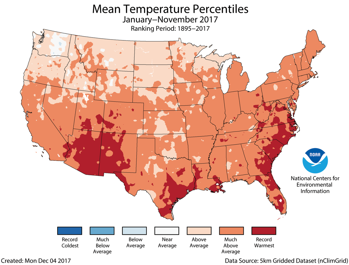 Map of January to November 2017 U.S. average temperature percentiles