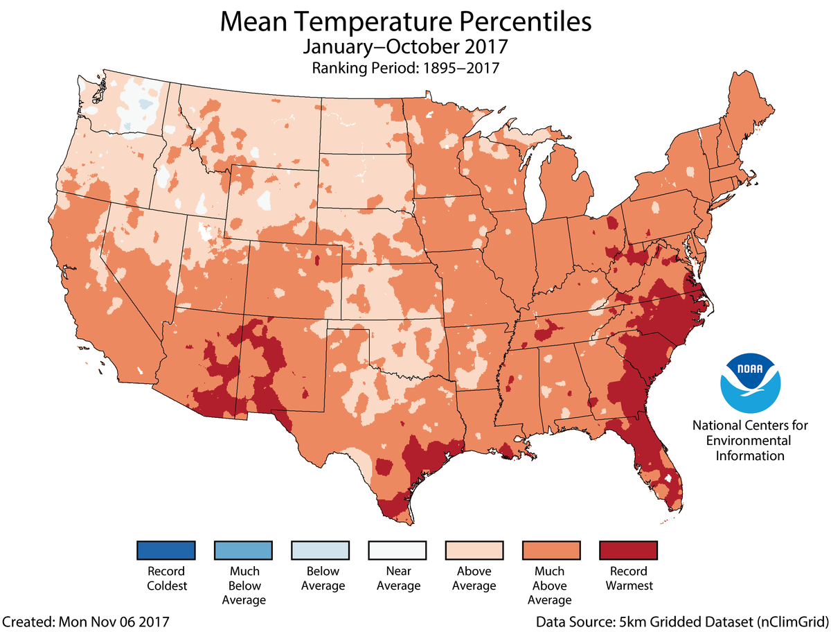 Map of January to October 2017 U.S. average temperature percentiles