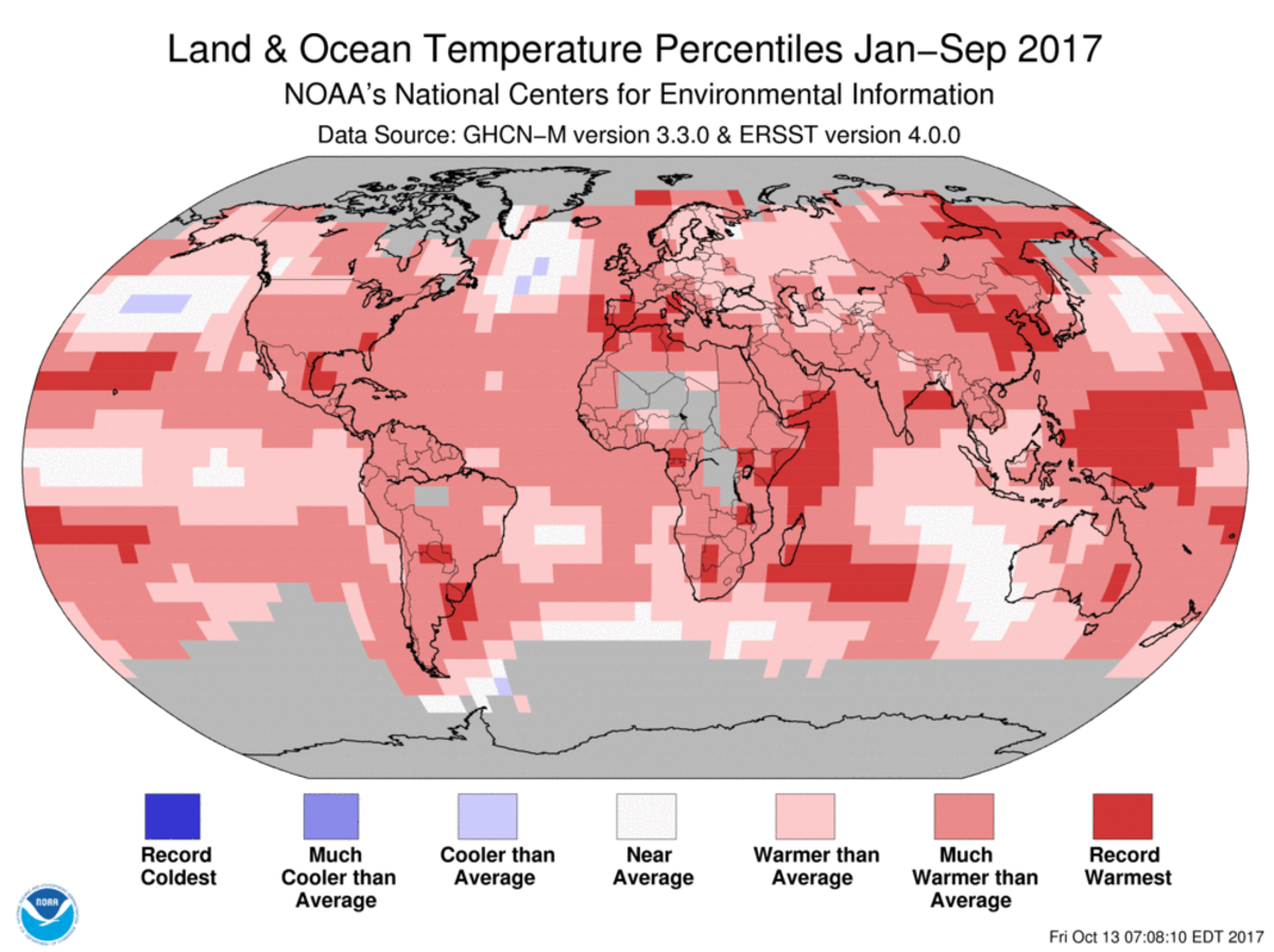 Map of global temperature percentiles for January to September 2017