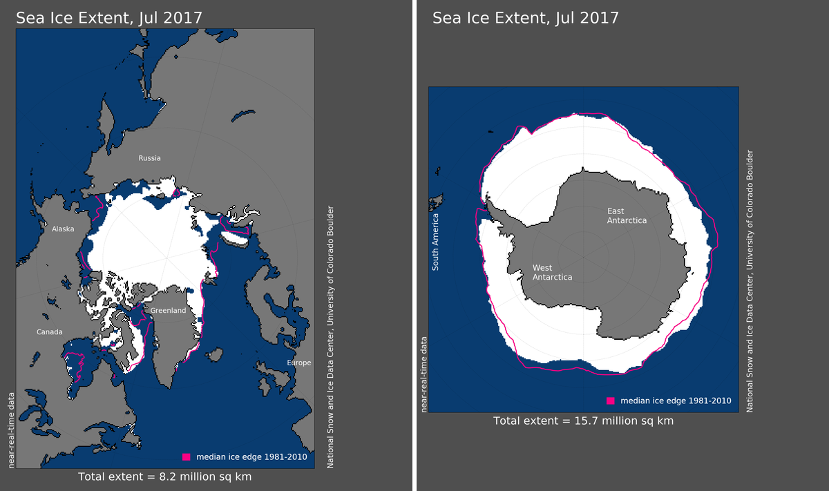 Maps of Arctic and Antarctic sea ice extent in July 2017