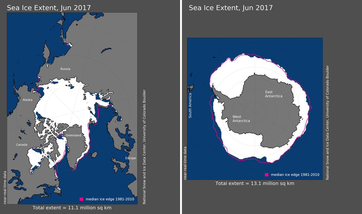 Maps of Arctic and Antarctic sea ice extent in June 2017