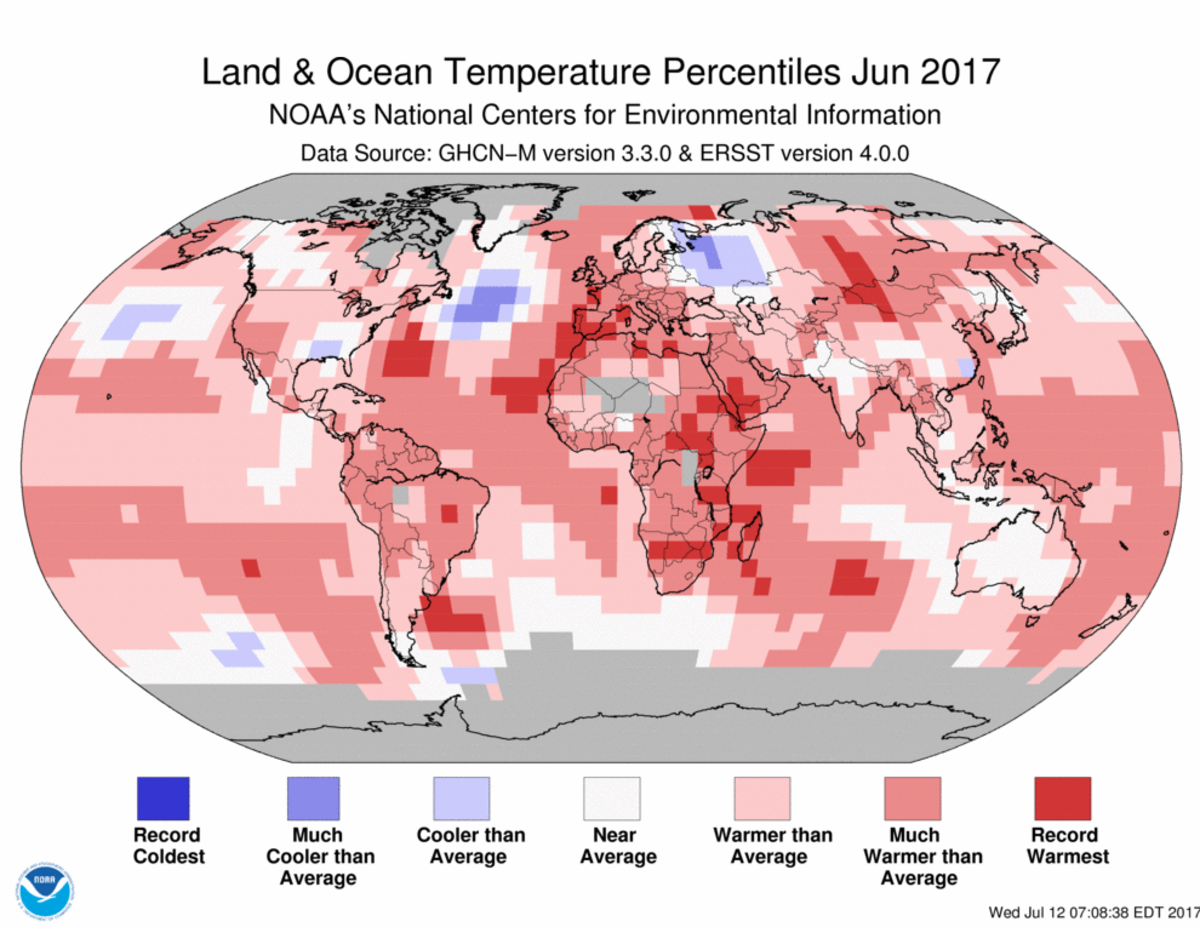Map of global temperature percentiles for June 2017