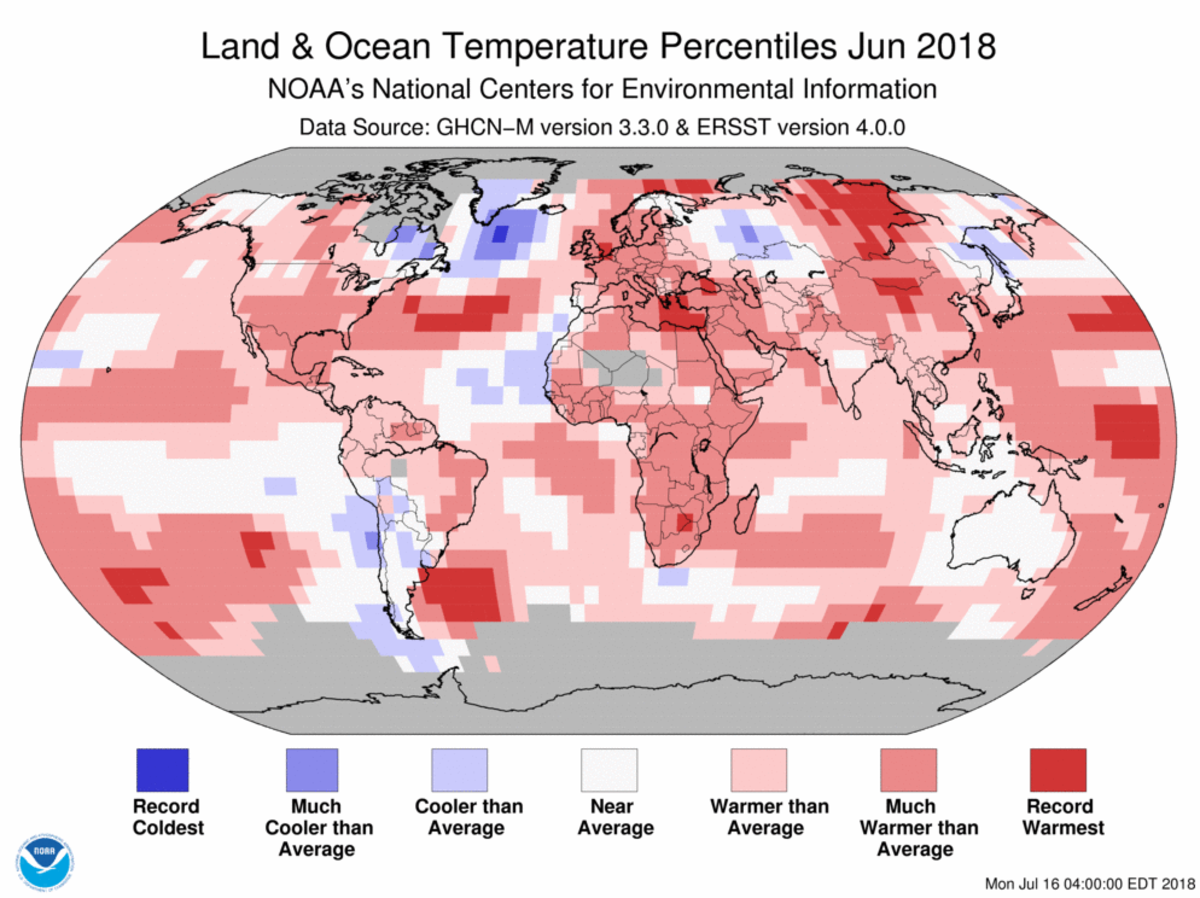 Map of global temperature percentiles for June 2018