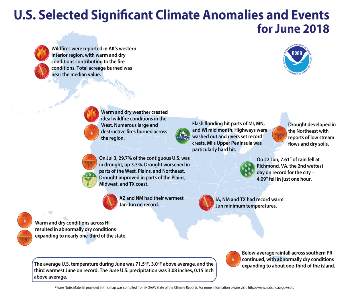 Map of U.S. selected significant climate anomalies and events for June 2018